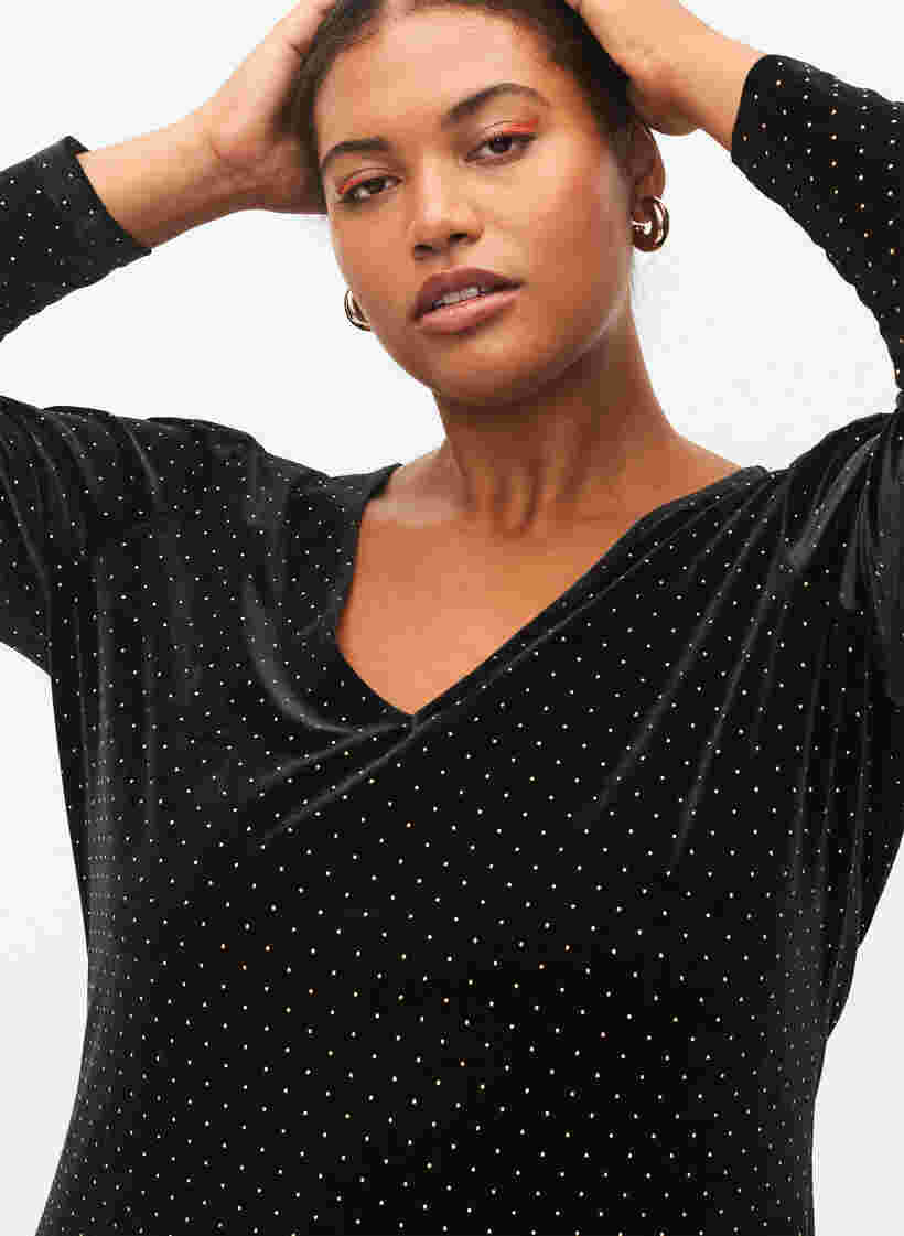 Long sleeve velvet dress with stones, Black w. Gold, Model image number 1