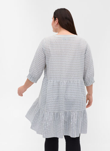 Patterned cotton dress with 3/4-length sleeves and smocking, White Check, Model image number 1