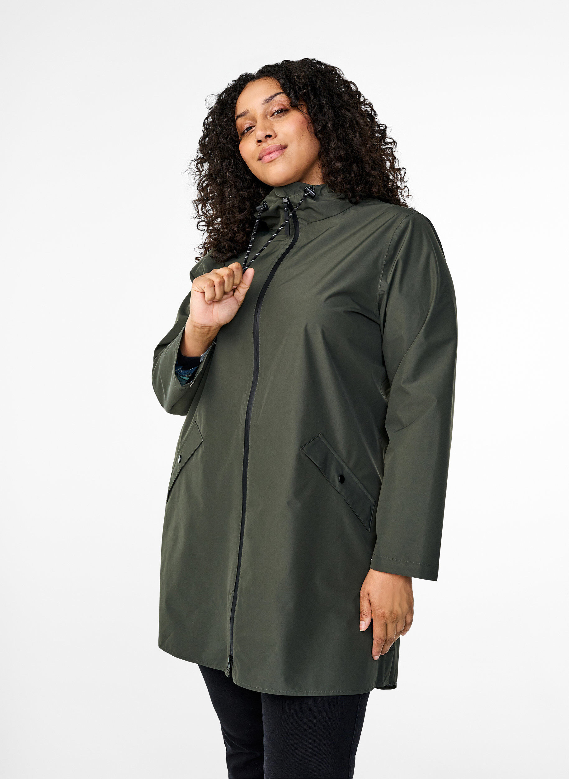 Rain jacket with pockets and hood, Green, Model