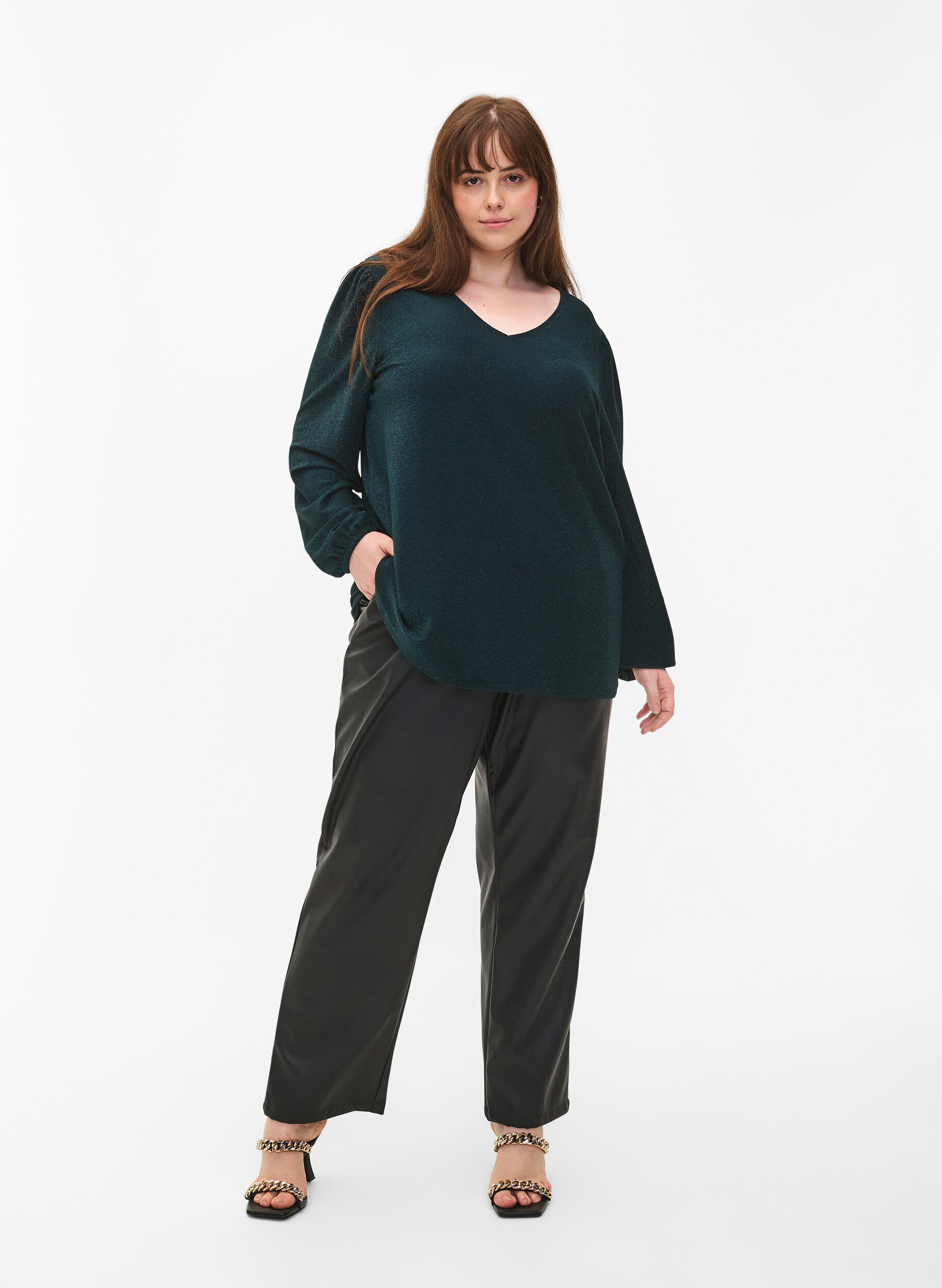 Zizzifashion Glitter blouse with puff sleeves, Black Scarab, Model image number 2