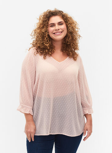 FLASH - Blouse with 3/4 sleeves and textured pattern, Adobe Rose, Model image number 0