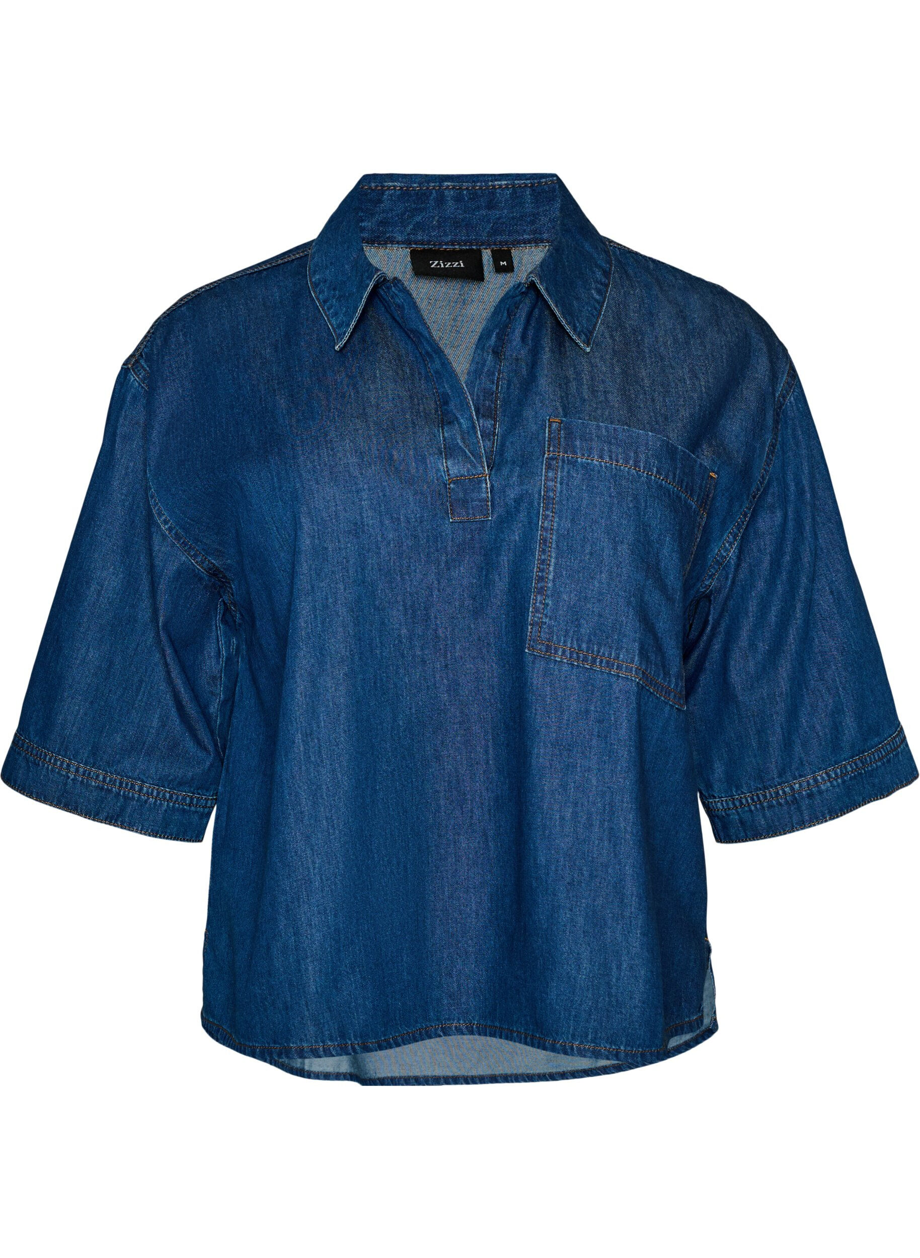 Denim blouse with a chest pocket and elbow-length sleeves