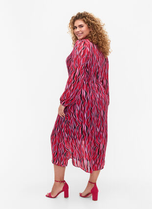 Long-sleeved midi dress with print, Fuchsia Pink AOP, Model image number 1