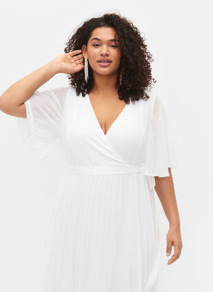 Pleated midi dress with short sleeves, Star White, Model image number 2