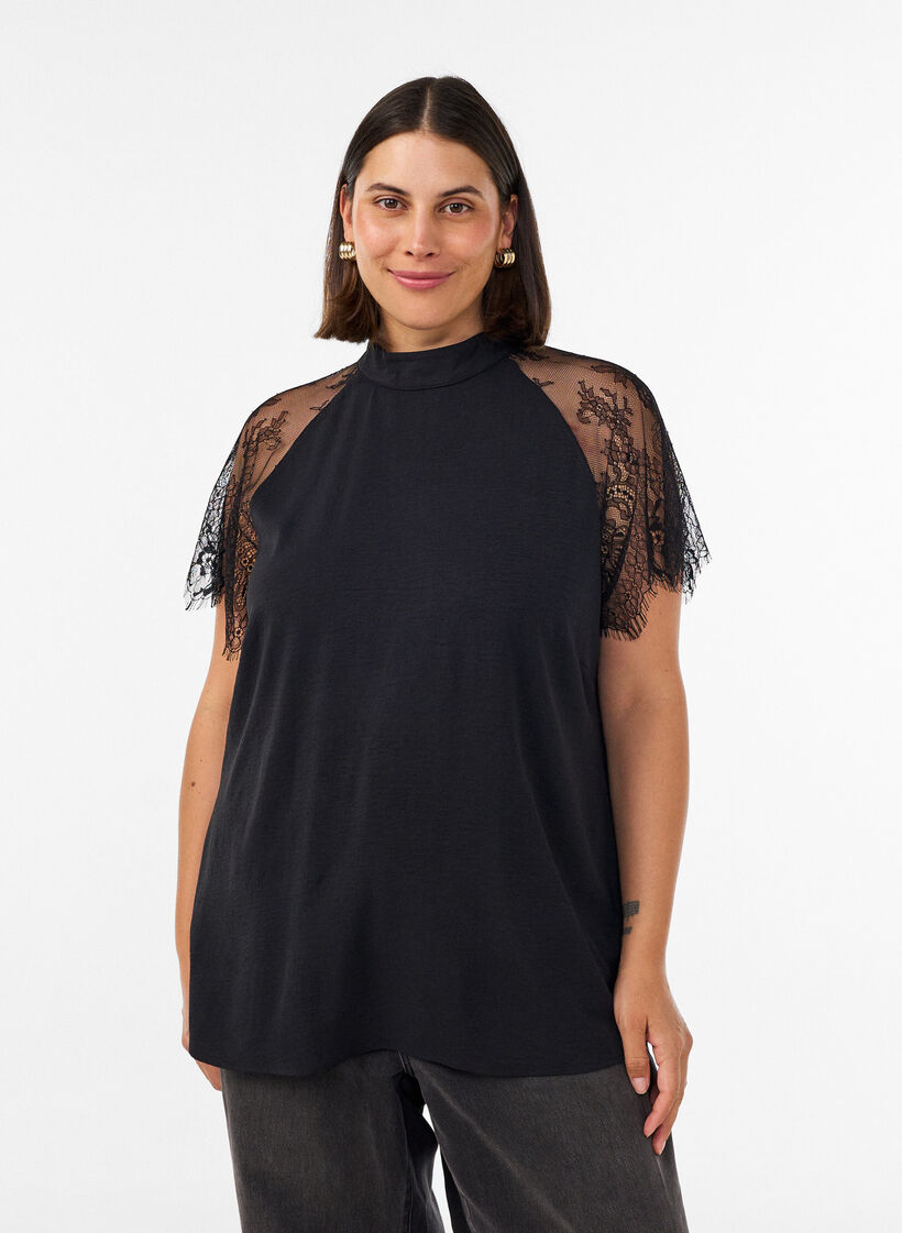Blouse with short lace sleeves and high neck, Black, Model image number 0