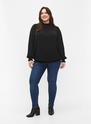 Solid color smock blouse with long sleeves, Black, Model image number 2