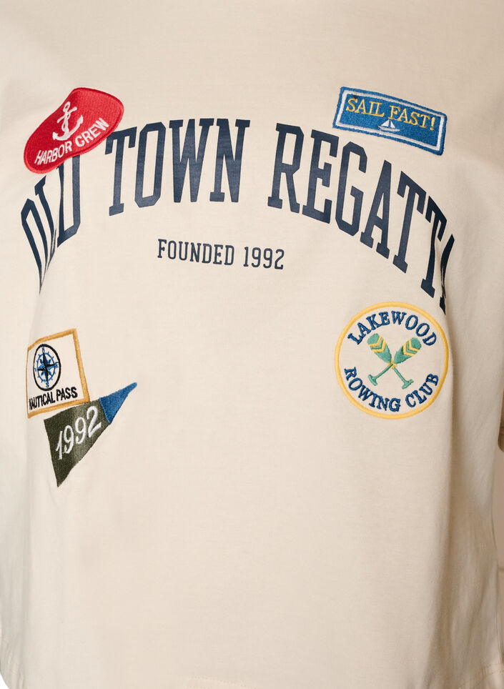 T-shirt with text print and badges, Beige, Packshot image number 2