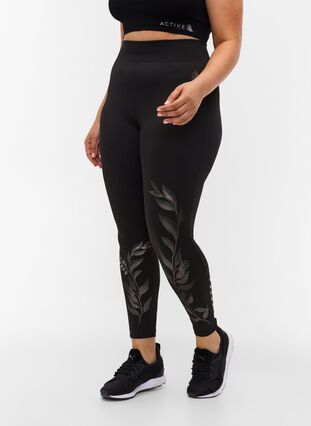 Cropped sports leggings with print details, Black Rose, Model image number 3