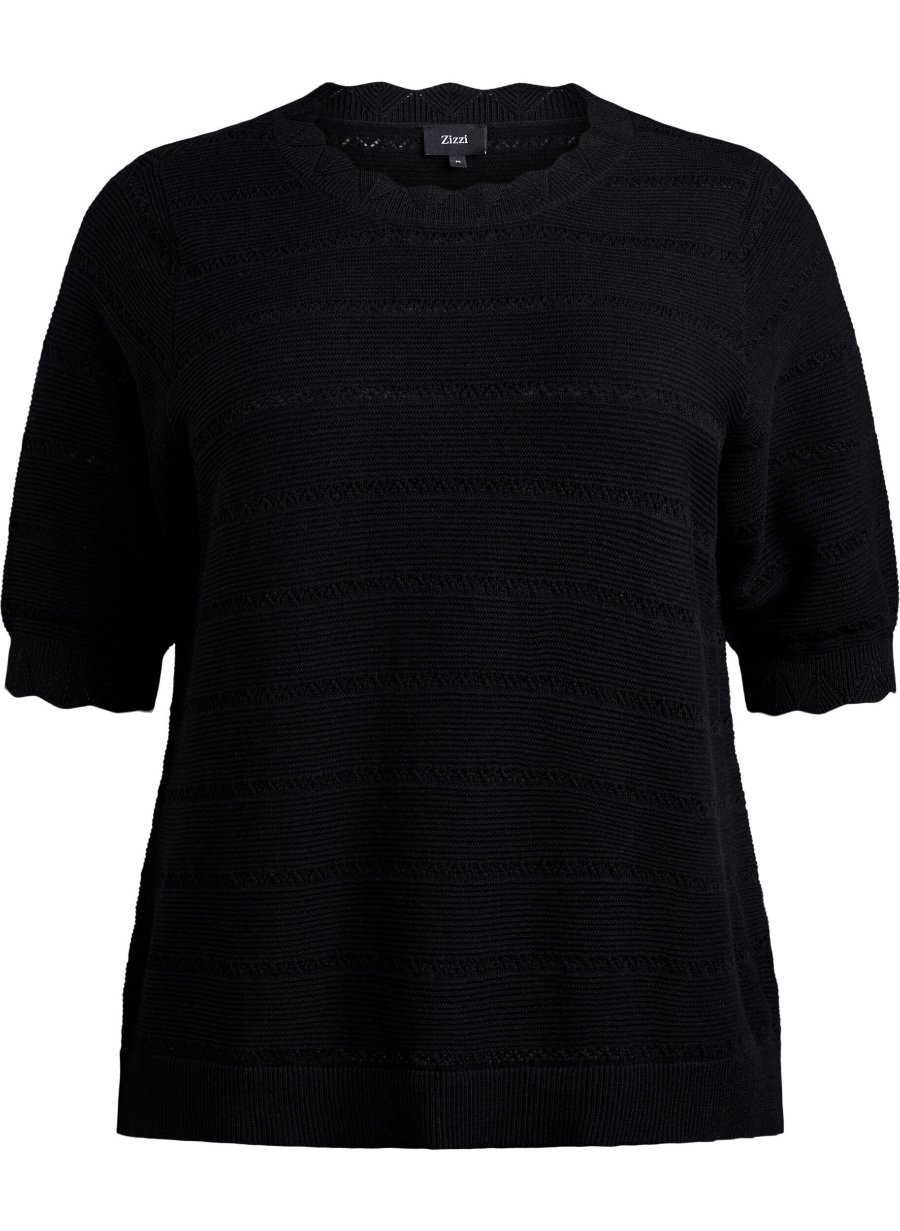 Zizzifashion Knitted blouse with a striped openwork pattern and short sleeves, Black, Packshot image number 0