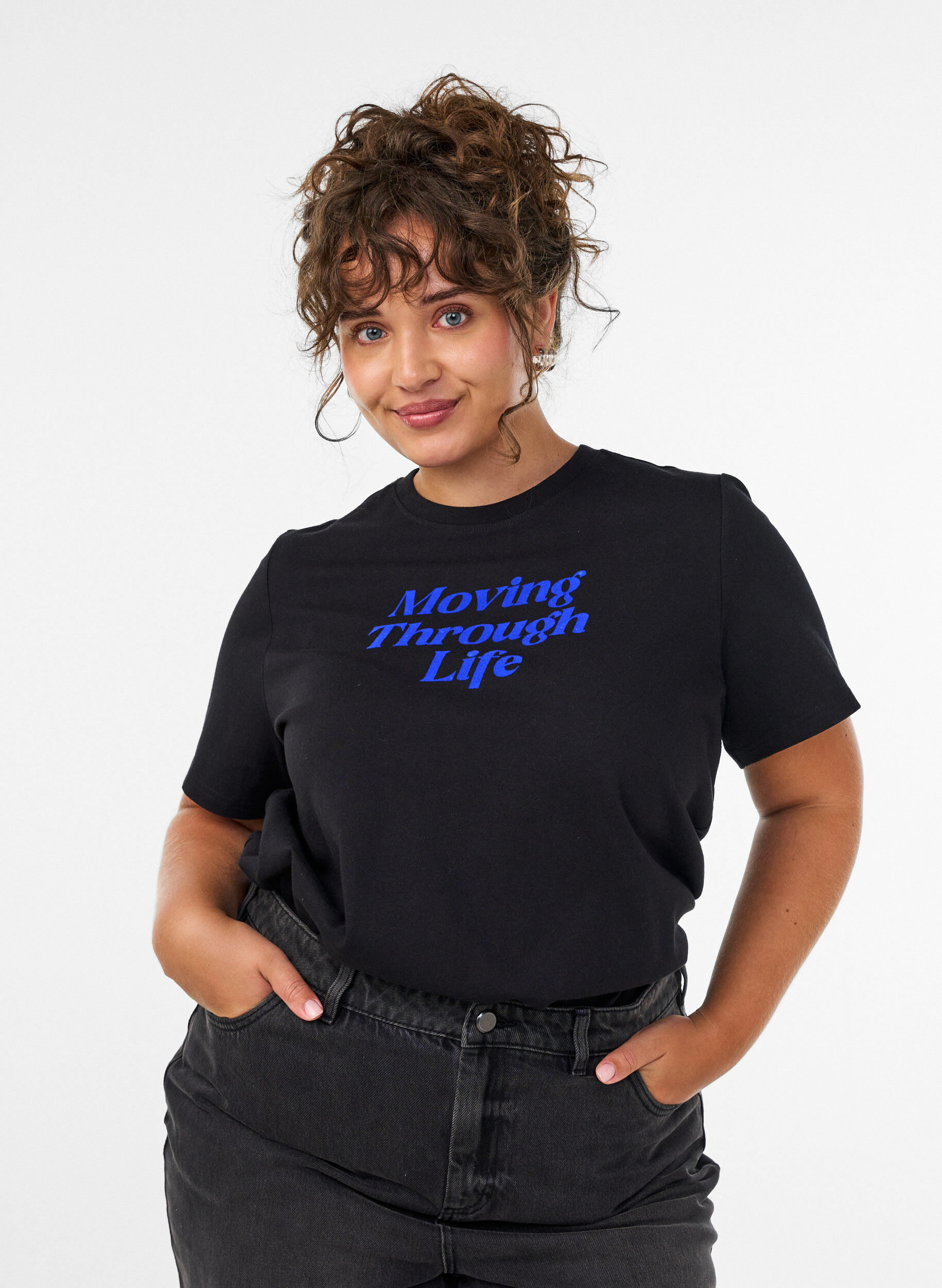 Cotton T-shirt with text print, Black, Model