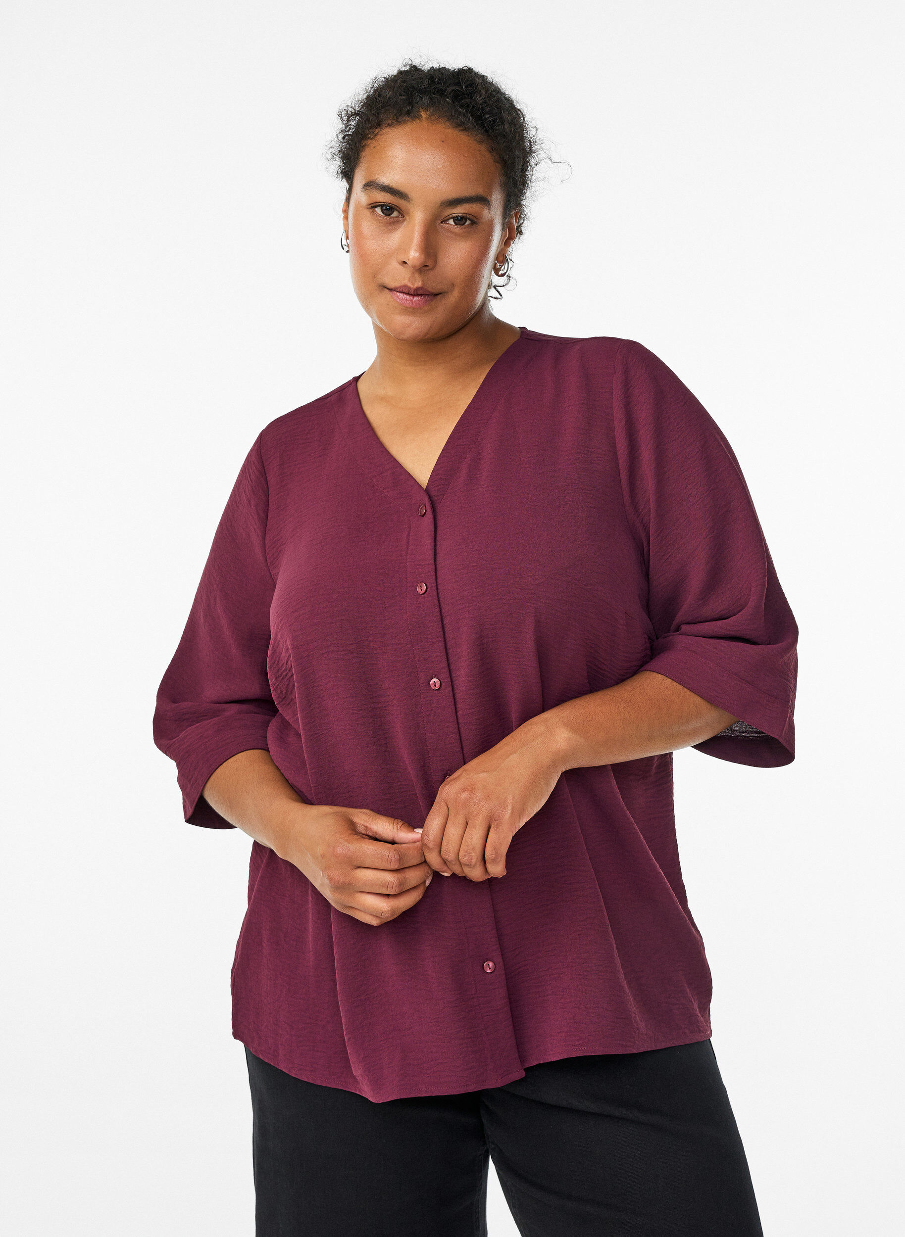 Shirt Blouse with V-Neck and 3/4 Sleeves, Dark Bordeaux, Model