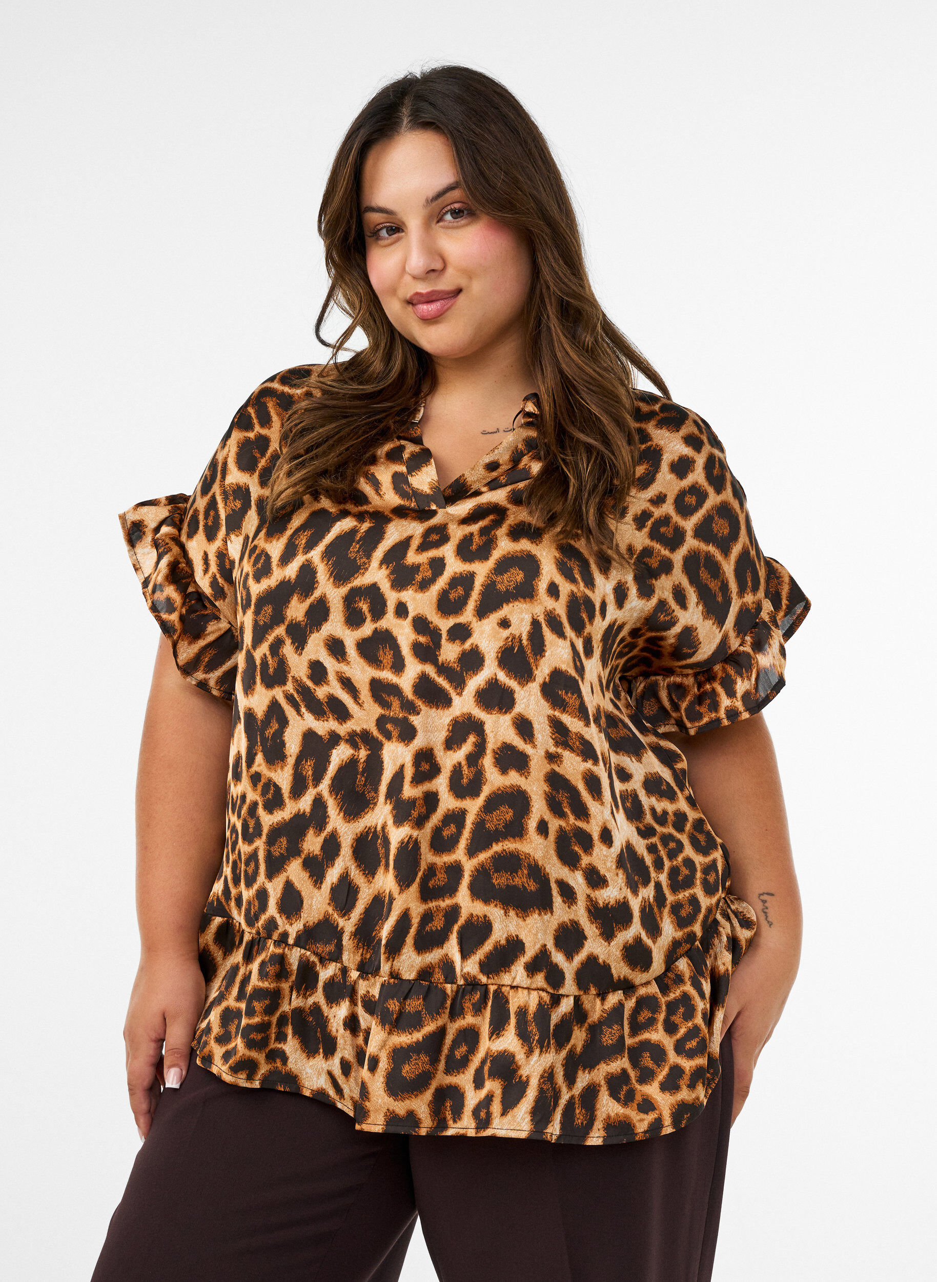 ZizzifashionBlouse with leopard print and ruffle details, Brown, Model image number 0