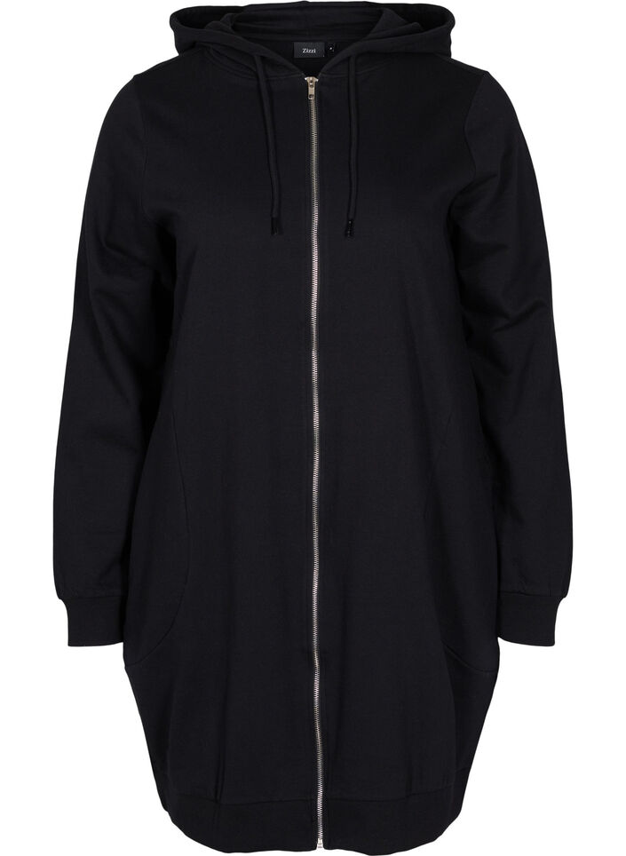 Long cotton sweat cardigan with hood, Black, Packshot image number 0