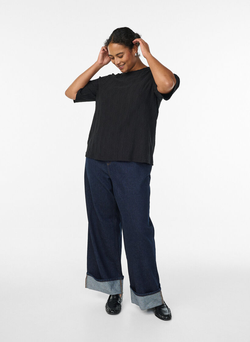 Blouse with textured pattern and short sleeves, Black, Model image number 1