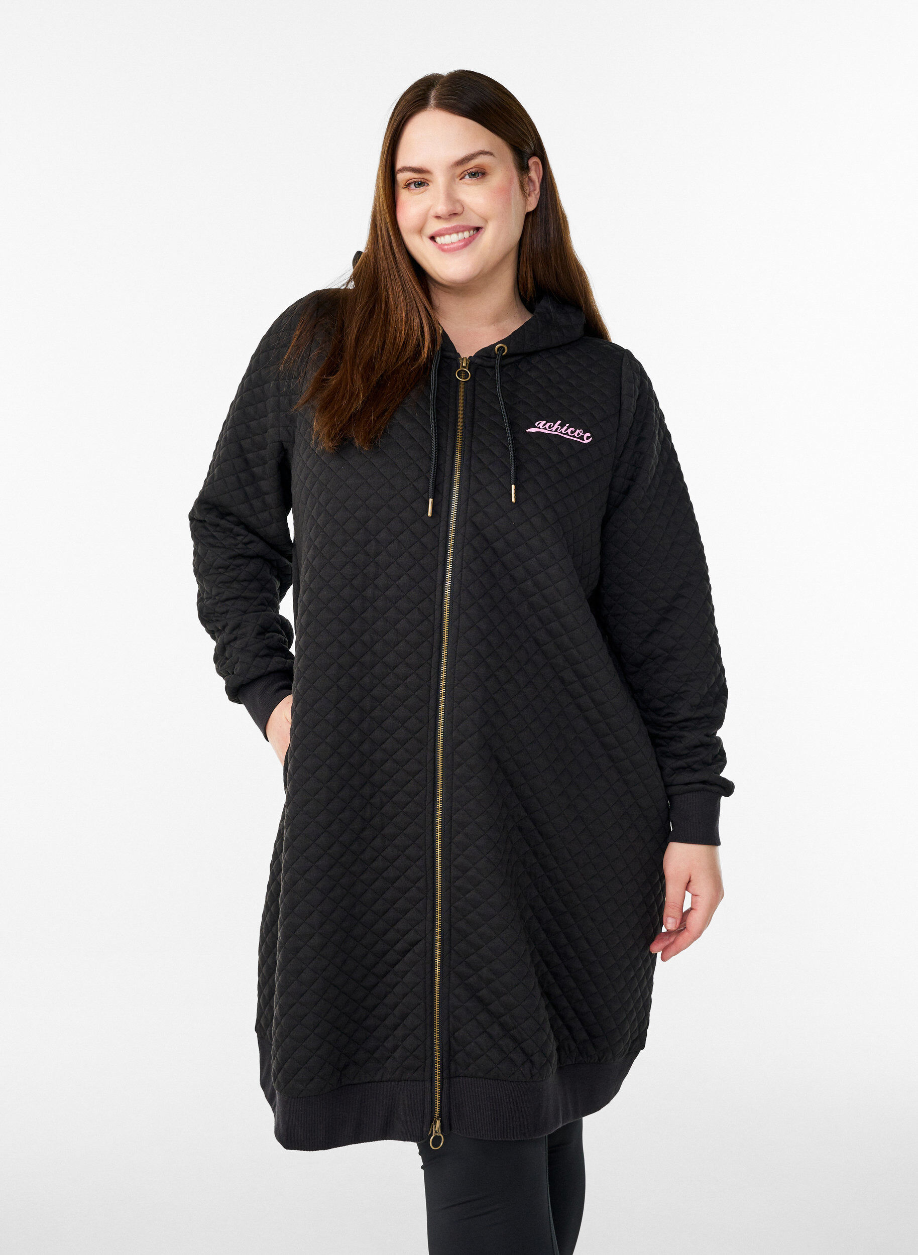 Zizzifashion Long quilted sports cardigan with zip, Black, Model image number 0