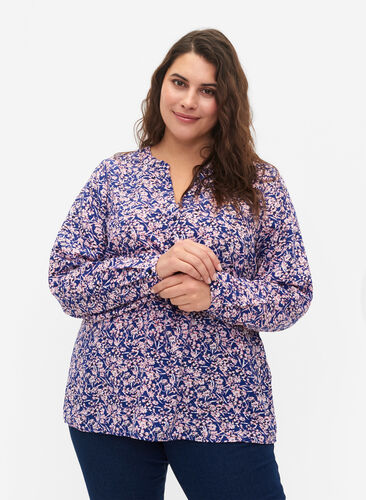 FLASH - Long sleeve blouse with print, Strong Blue Flower, Model image number 0