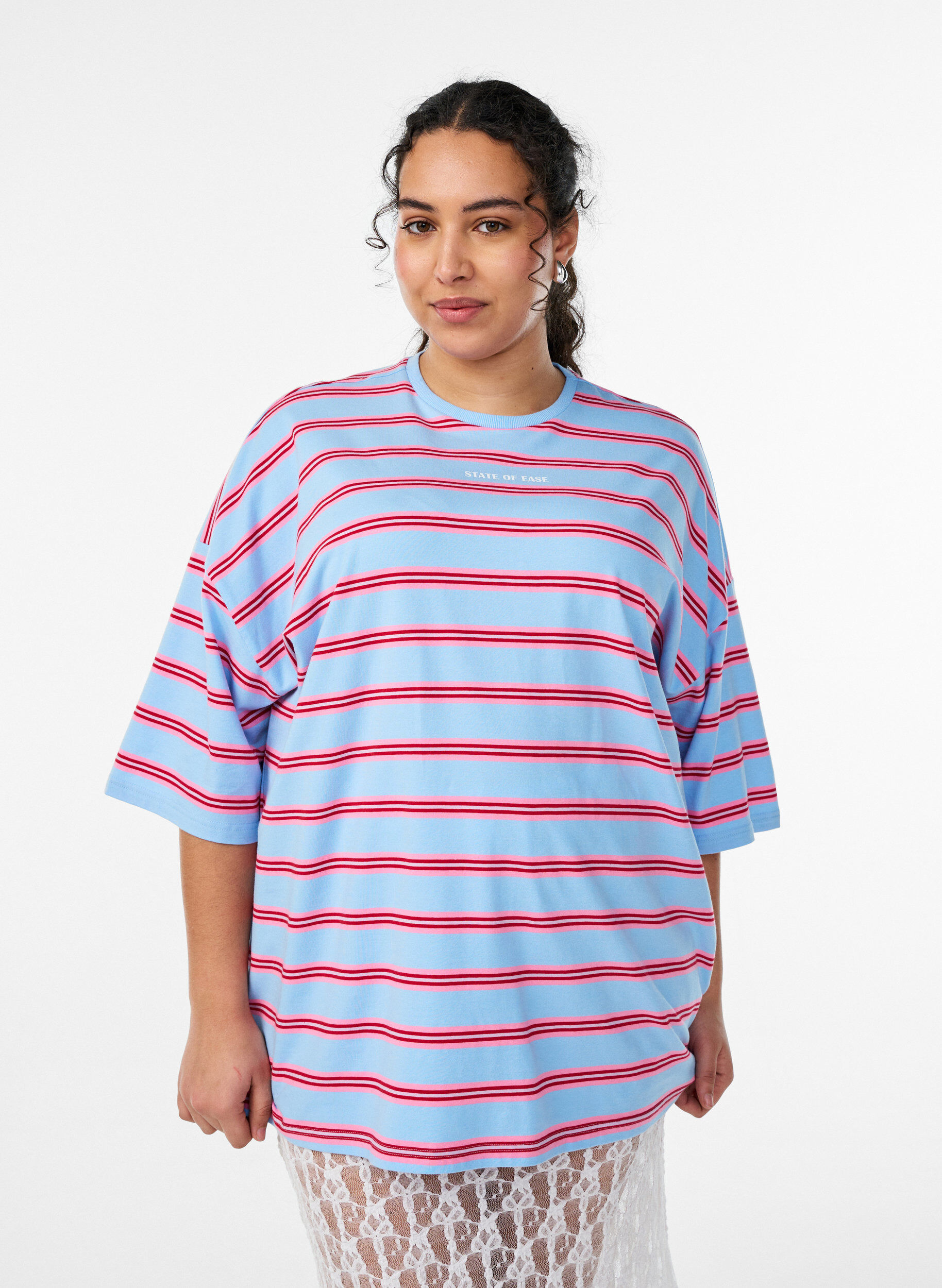 ZizzifashionOversized T-shirt with stripes and 1/2 sleeves, Light Blue, Model image number 0