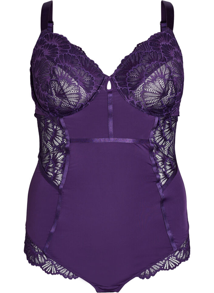 Lace and microfibre bodystocking with underwire, Purple, Packshot image number 0