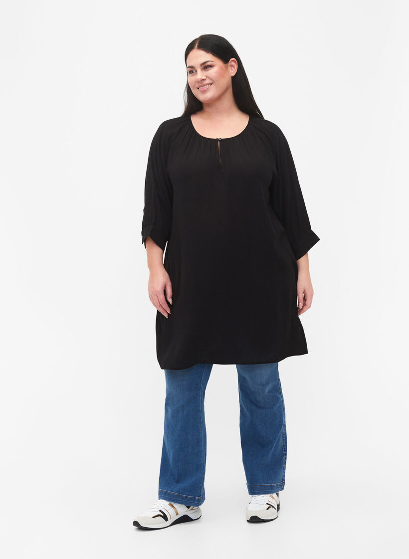 Viscose tunic with 3/4 sleeves, Black, Model image number 1
