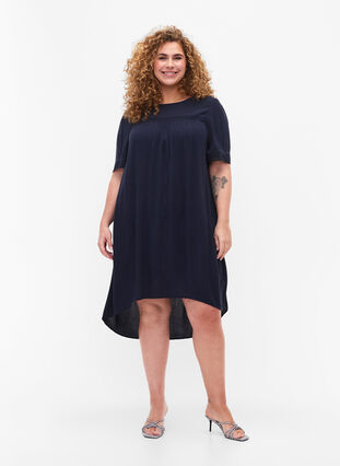 Viscose dress with lace band, Navy, Model image number 2