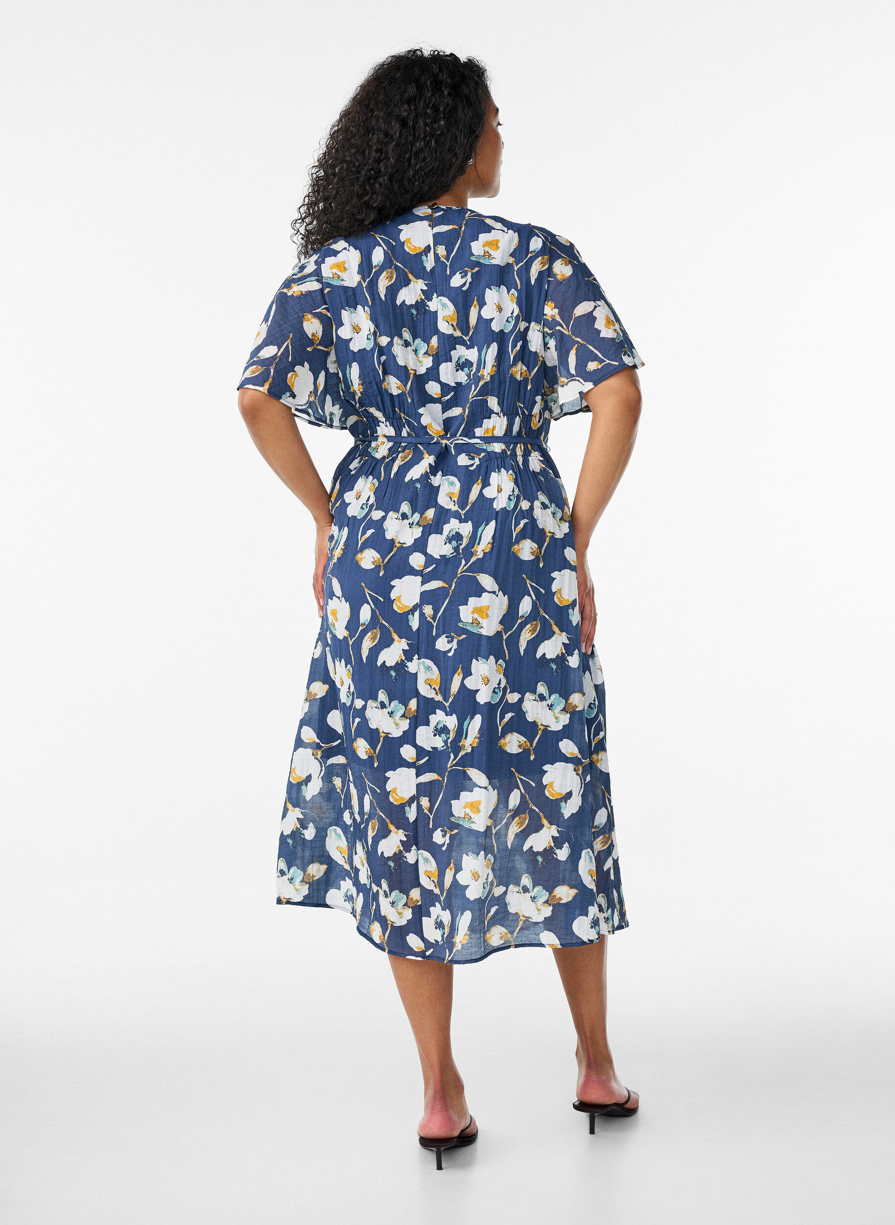 ZizzifashionAnkle-length dress with flutter sleeves and tie-waist, Blue, Model image number 1