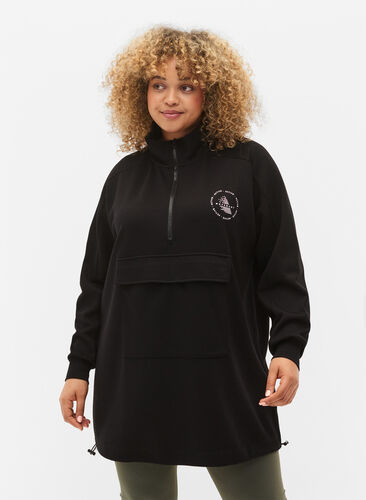 Long sweatshirt with pocket and zipper, Black, Model image number 0