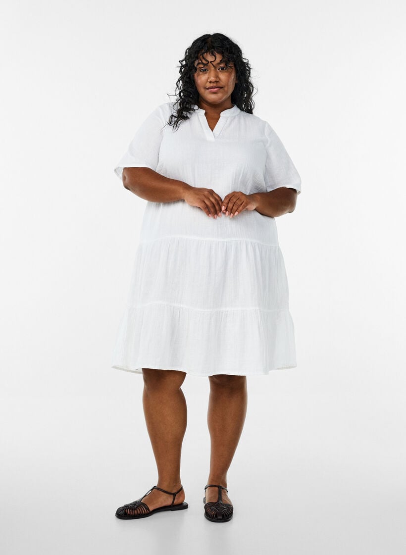 Short A-line dress in cotton muslin, White, Model image number 1