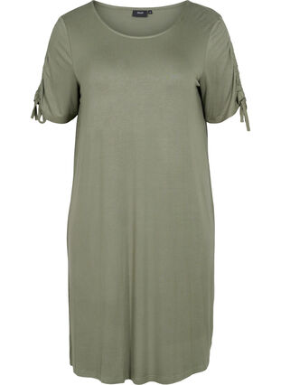Short sleeved viscose dress with tie detail, Dusty Olive, Packshot image number 0