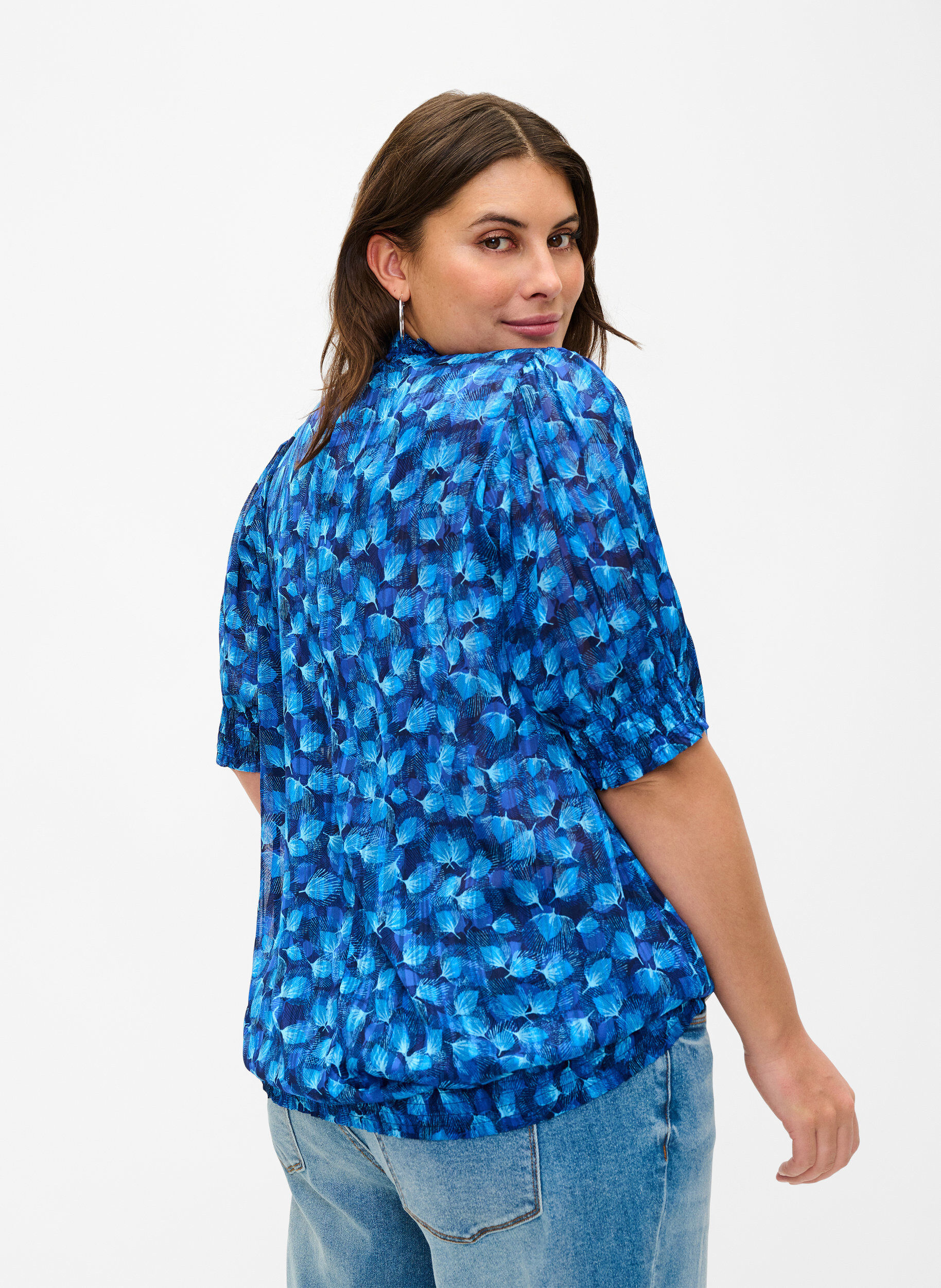 Zizzifashion Short-sleeved smock blouse with print, Navy Blazer Leaf AOP, Model image number 1