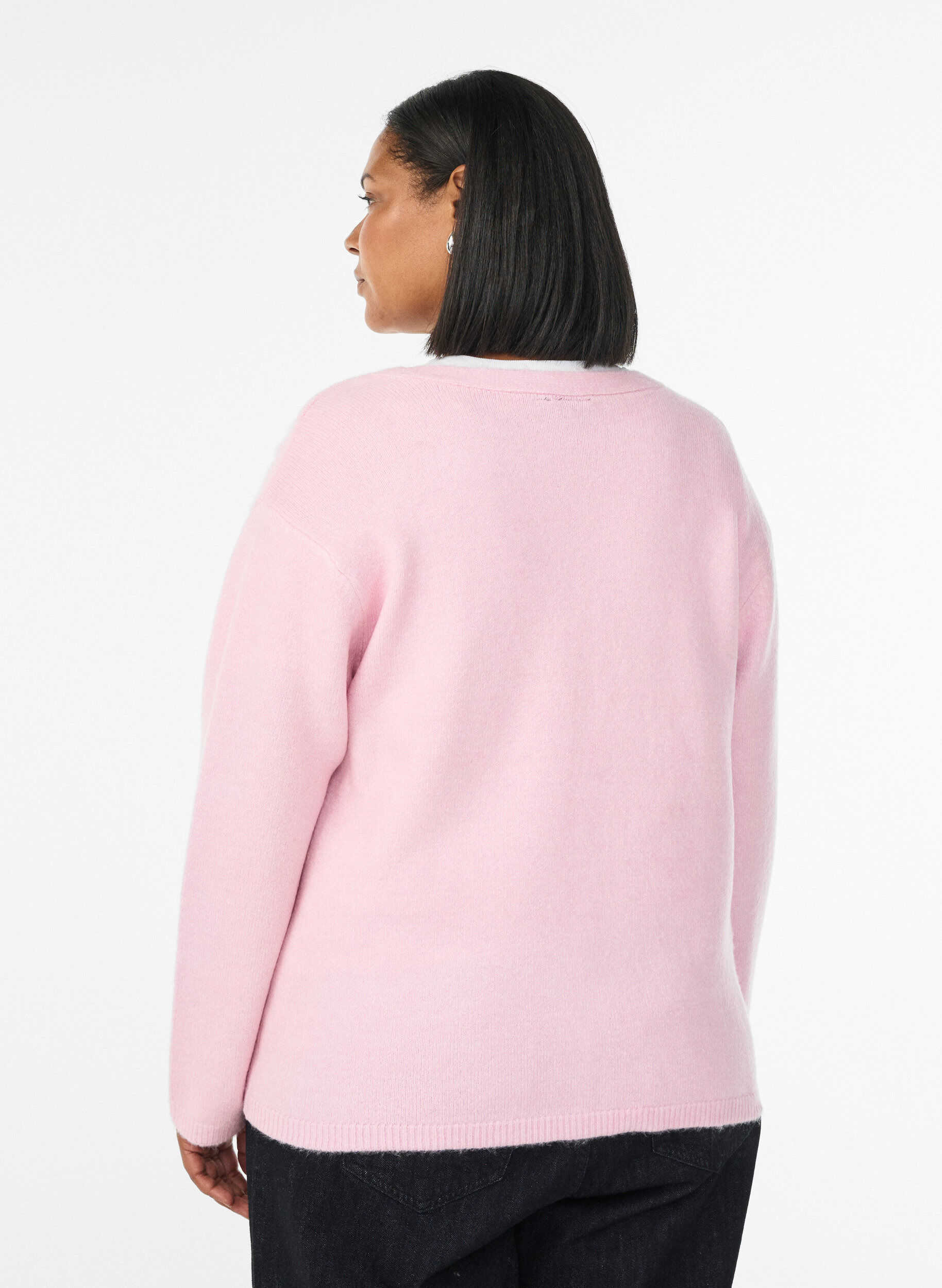 Zizzifashion Cardigan with V-neck and embroidered flowers, Rose, Model image number 2