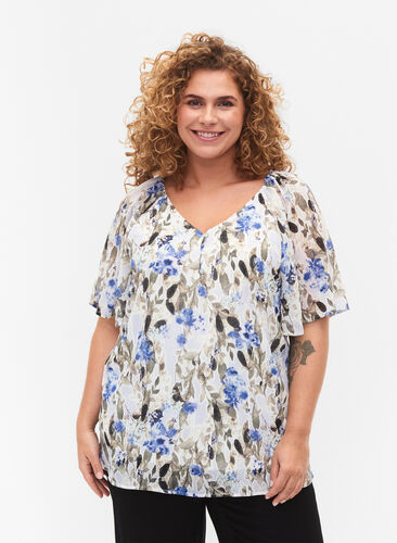 Floral party blouse with short sleeves, Blue Flower AOP, Model image number 0