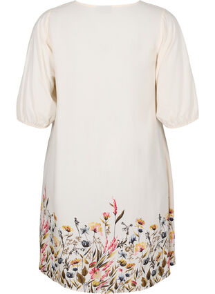 Short-sleeved floral print viscose dress, Off White Flower, Packshot image number 1