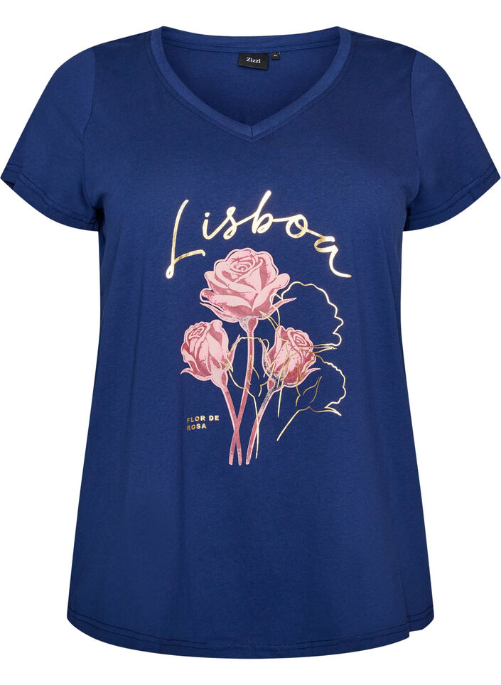 Cotton T-shirt with front print and V-neck, 1447, Packshot image number 0