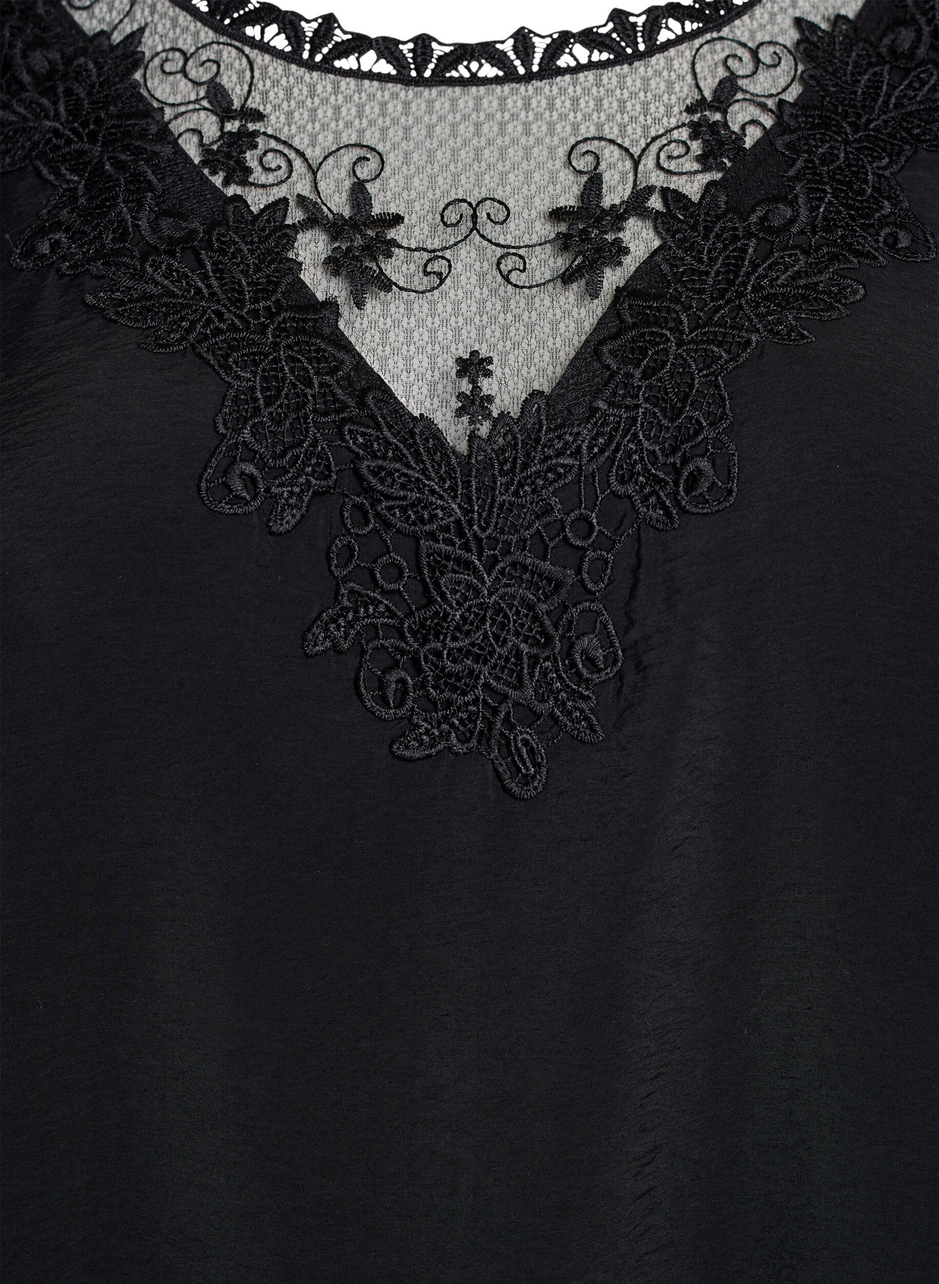 Zizzifashion Blouse with 3/4 sleeves and lace details, Black, Packshot image number 2