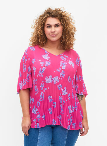Pleated blouse in flower print, Beetroot Purple AOP, Model image number 0