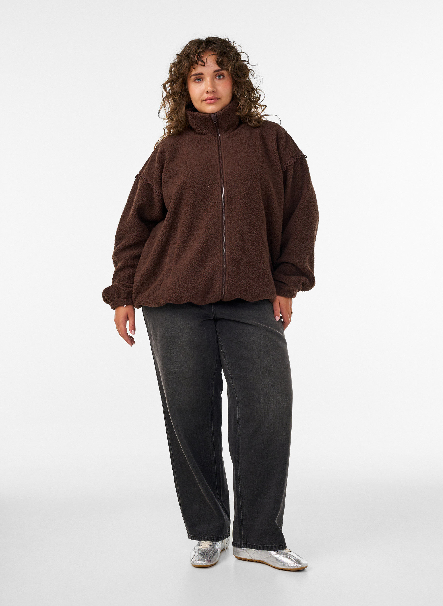 ZizzifashionTeddy jacket with eyelet embroidery trim and high collar, Brown, Model image number 1