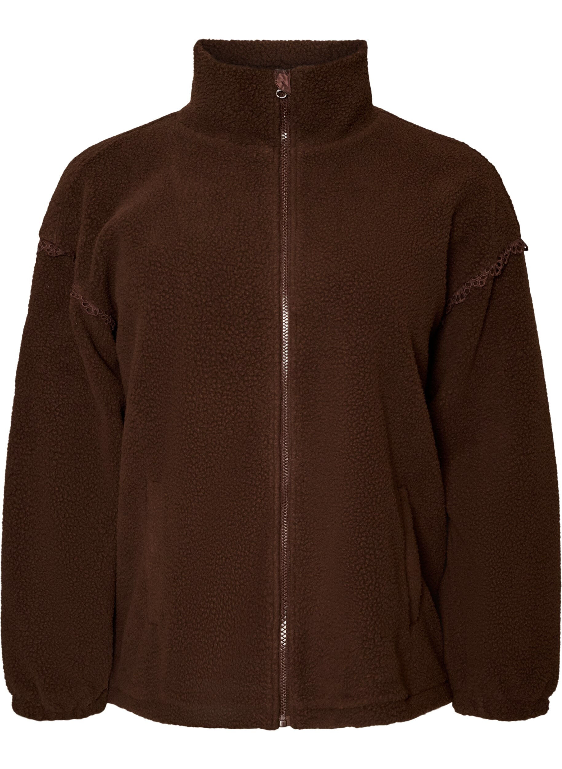 ZizzifashionTeddy jacket with eyelet embroidery trim and high collar, Brown, Packshot image number 0