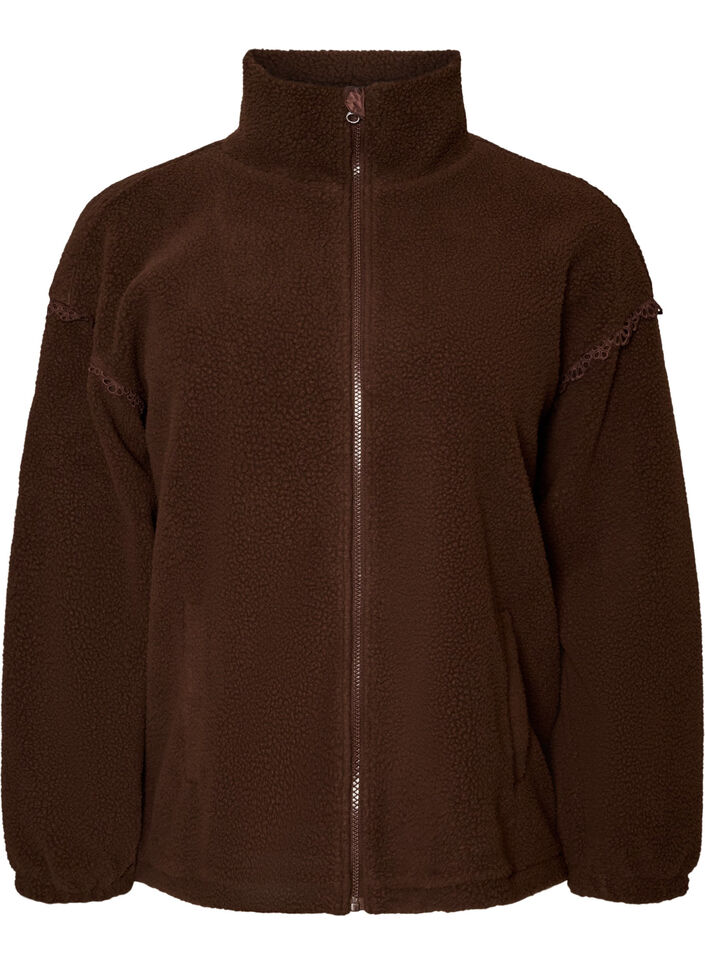 Teddy jacket with eyelet embroidery trim and high collar, Brown, Packshot image number 0