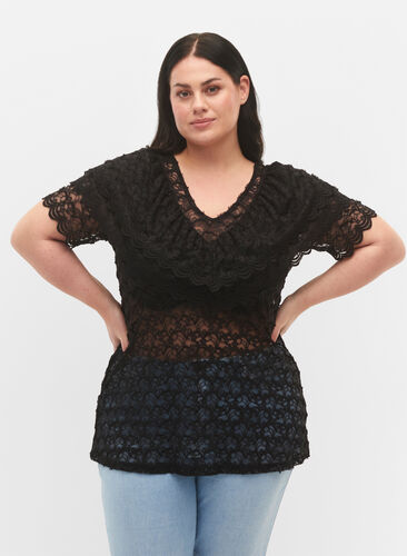 Short-sleeved blouse with frills, Black, Model image number 0