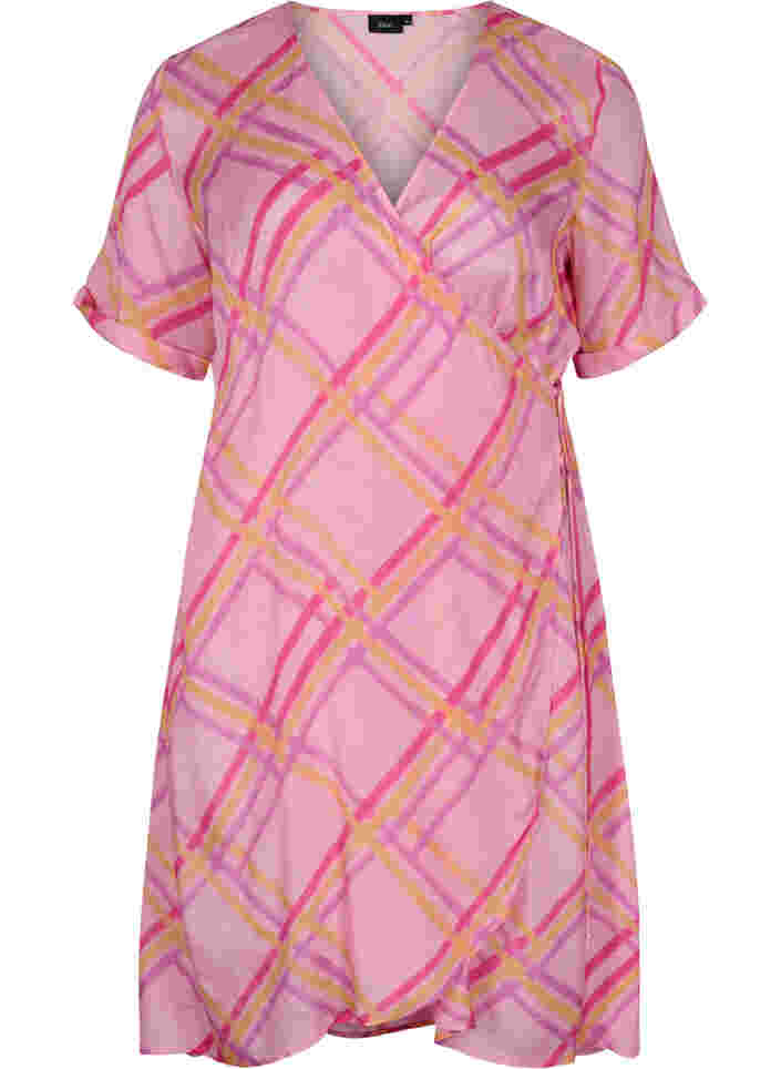 Checkered viscose dress with wrap, Pink Check, Packshot image number 0