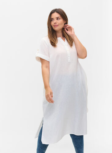 Long short-sleeved shirt dress, White, Model image number 0