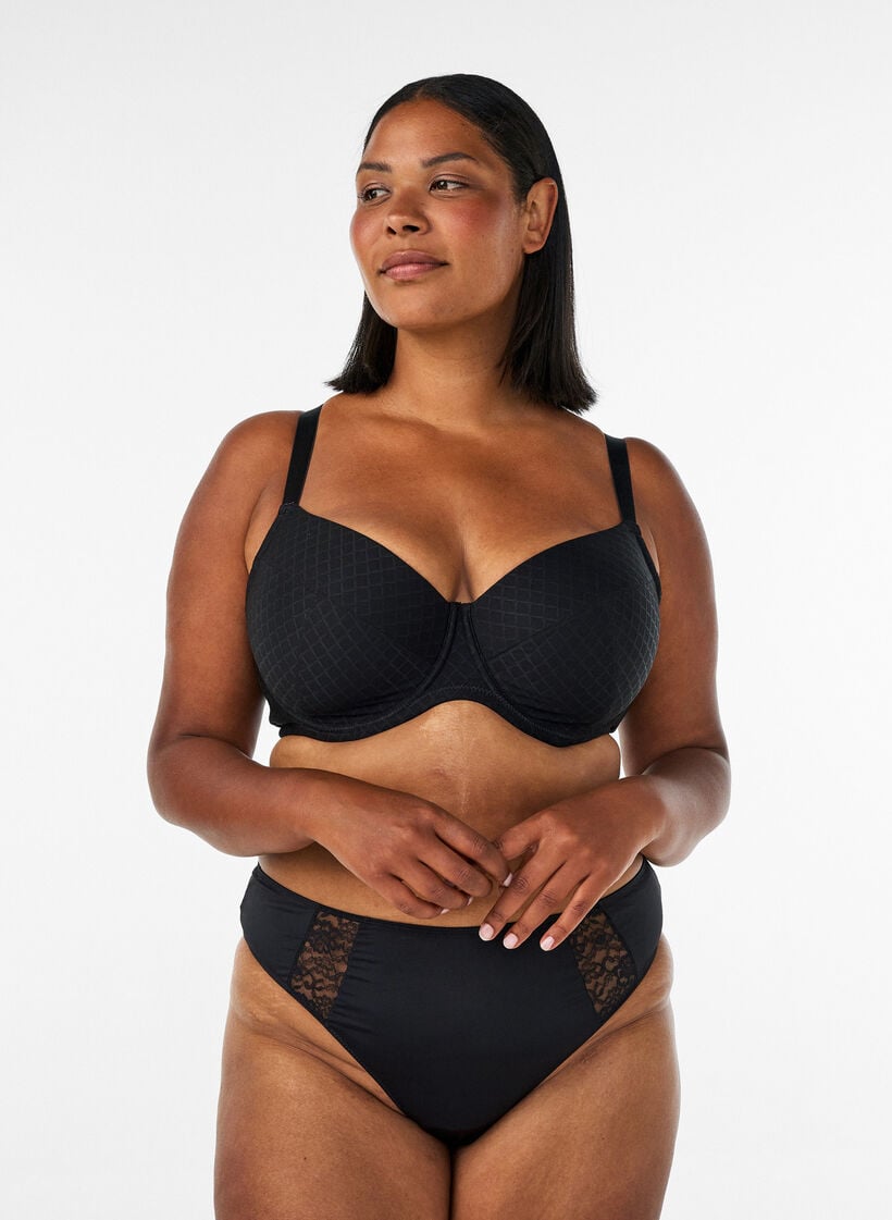 Padded microfibre bra with checked pattern, Black, Model image number 1