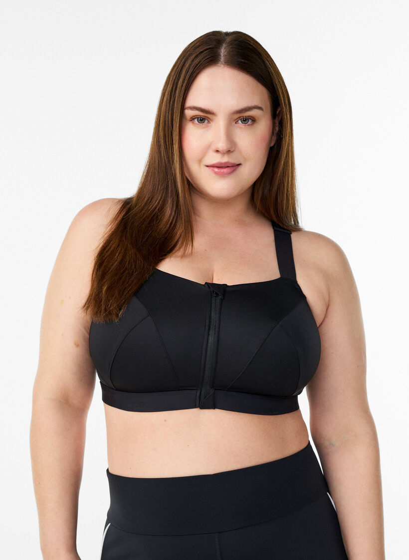 Sports bra with a front closure and high support, Black, Model image number 0