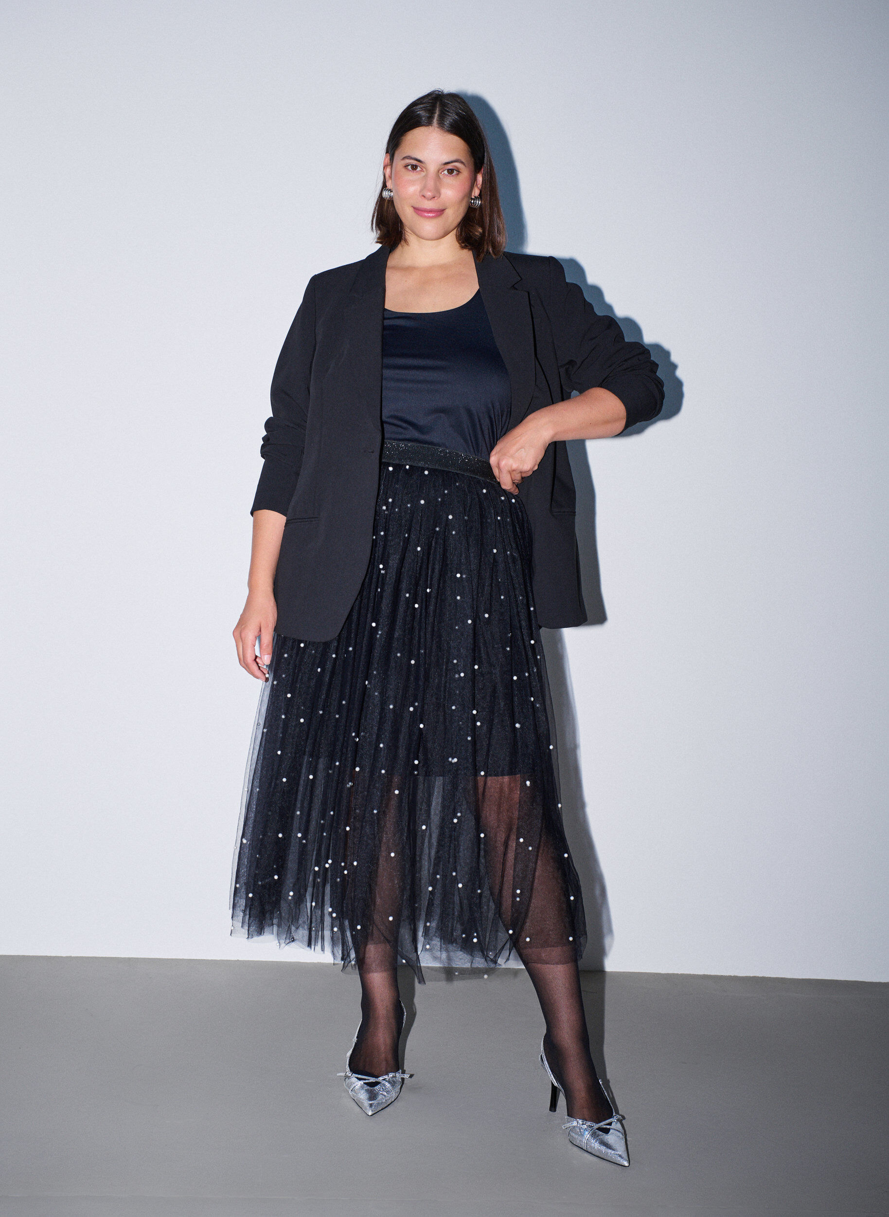 ZizzifashionTulle midi skirt with pearls, Black, Model image number 0