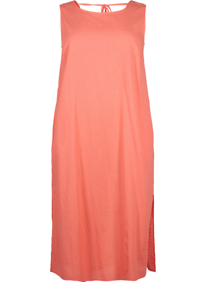 Sleeveless cotton blend dress with linen, Living Coral, Packshot image number 0