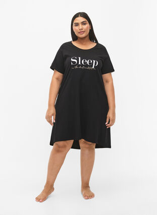 Short-sleeved nightgown in organic cotton, Black Sleep, Model image number 2