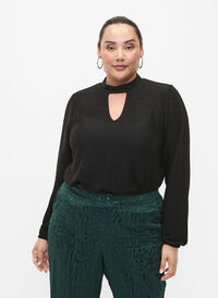 Long-sleeved glitter blouse with round neck and V-detail, Black Black, Model