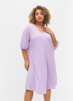Crepe dress with v-neck and balloon sleeves, Lavendula, Model image number 0