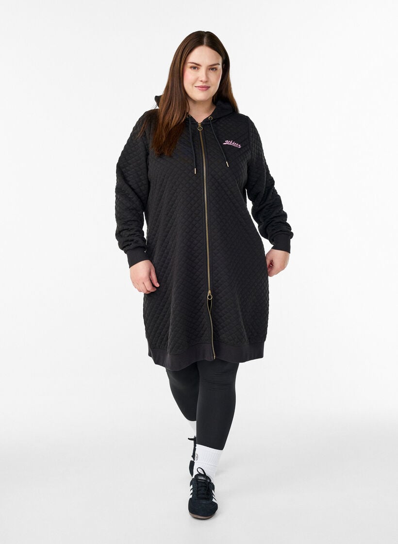 Long quilted sports cardigan with zip, Black, Model image number 1