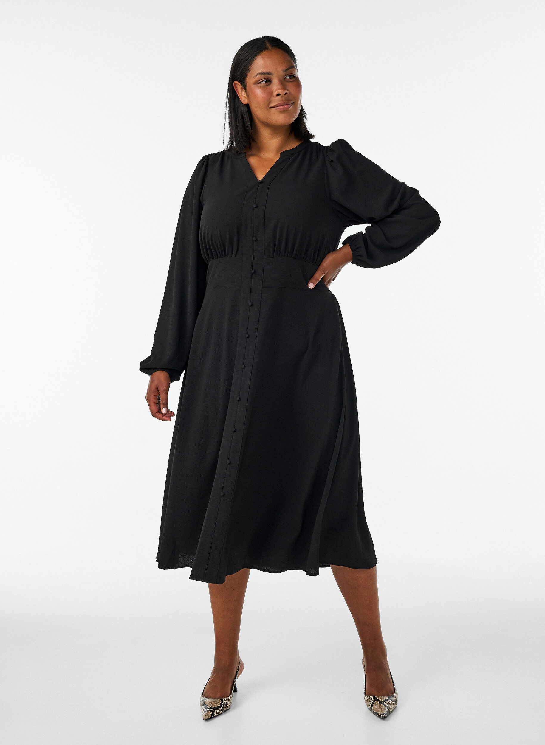 Midi dress with smock and decorative buttons, Black, Model